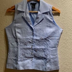 Anne Carson, Beaded, S, Sleeveless, baby blue blouse, 100 % Linen, NWOT